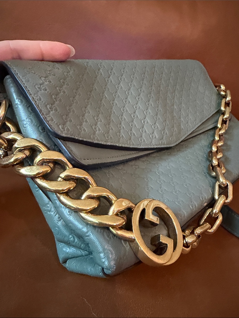 Gucci Sage Green GG Leather Medium Chain Shoulder Clutch & Crossbody Bag - Picture 10 of 13